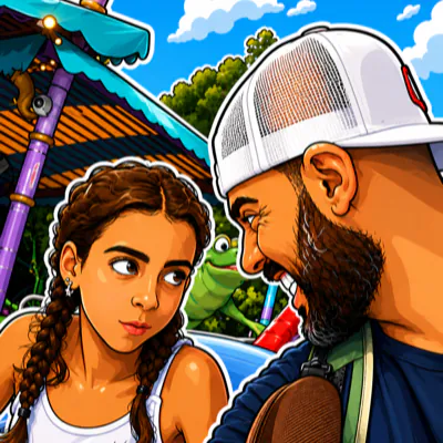 Cartoon portrait of Mika giving her dad a sideways look at a theme park while he grins at her.